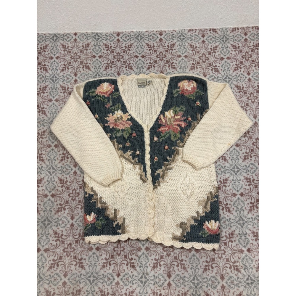 Classic Elements Hand Knit Floral Cardigan Cream Teal Ramie Blend Medium